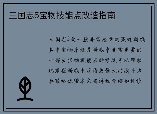 三国志5宝物技能点改造指南