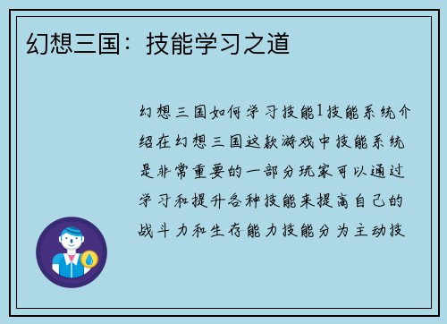 幻想三国：技能学习之道