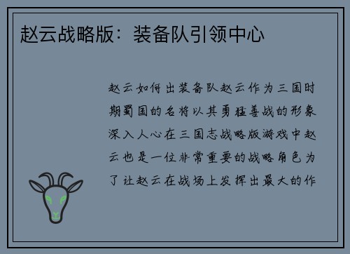 赵云战略版：装备队引领中心