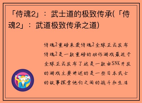 「侍魂2」：武士道的极致传承(「侍魂2」：武道极致传承之道)